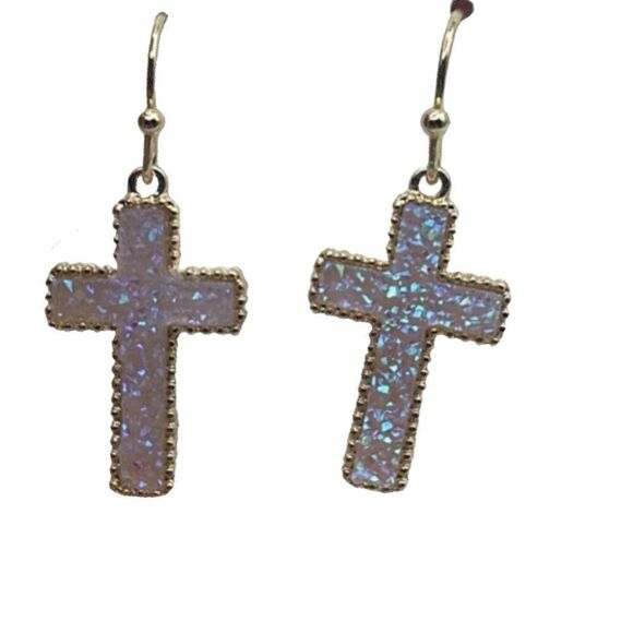 NWT Chic & Chic shimmering druzy quartz cross in opal pink earrings. - Picture 1 of 7